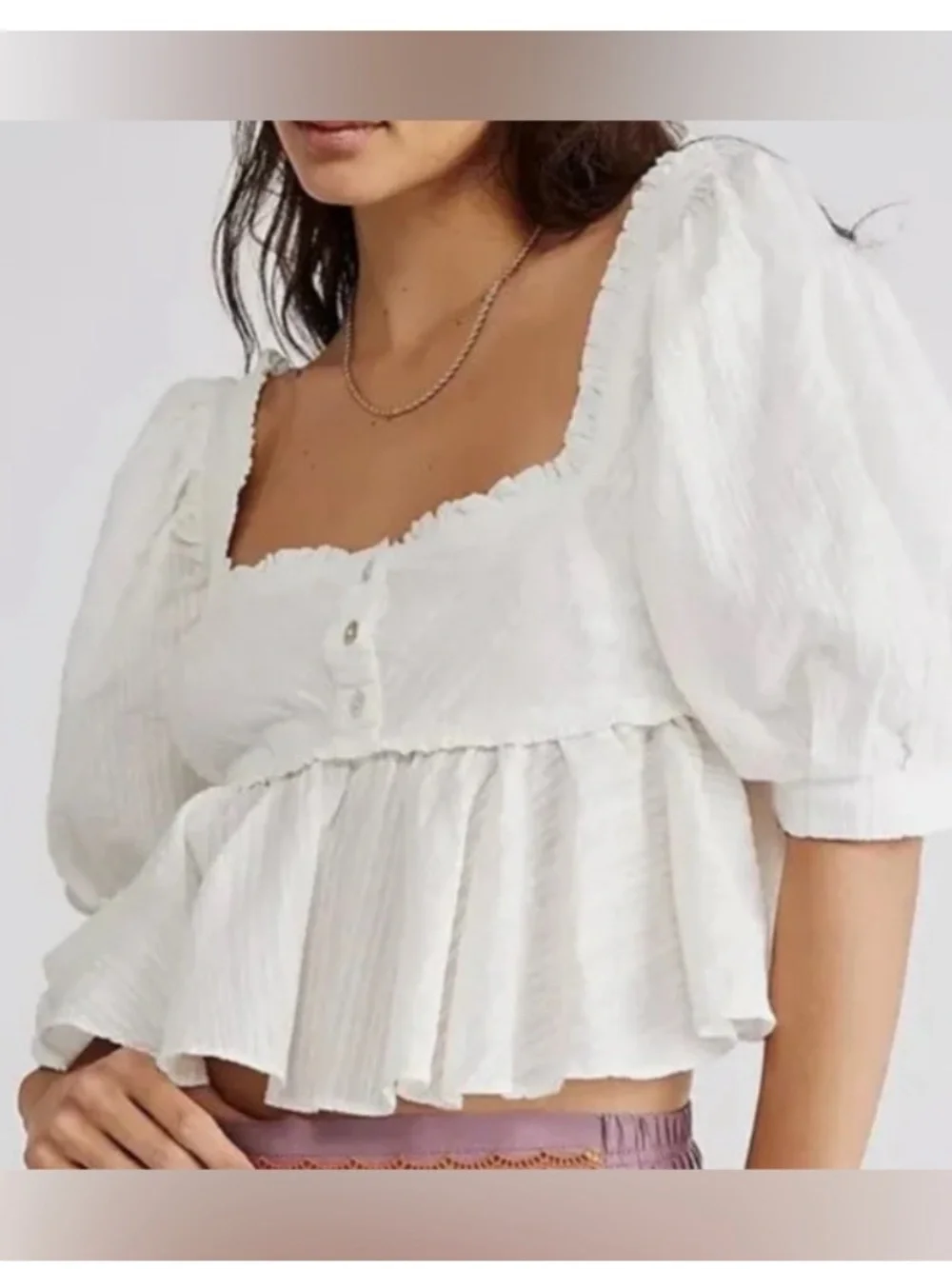 Free People Leave It To Me Top Babydoll Puff Sleeves  Small 100% Cotton